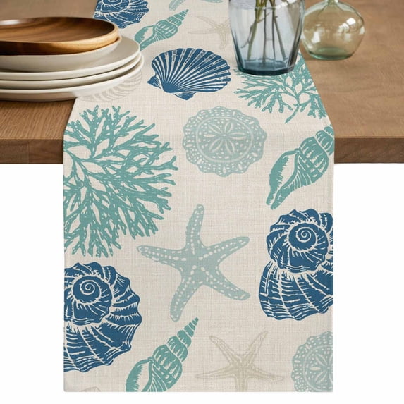 Blue Coastal Table Runner 70 Inches, Starfish Shell Coral Summer Beach Rustic Bed Runner Dresser Scarves Tabletop for Indoor Outdoor Parties/Ceremony/Banquet, 13" x 70"
