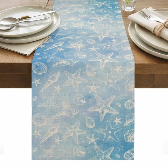 Blue Coastal Table Runner - 72 Inch Long, Kitchen Dining Table Runner Dresser Scarves, Summer Ocean Starfish Conch Seashells Farmhouse Decor for Coffee Tables Wedding Party Banquet