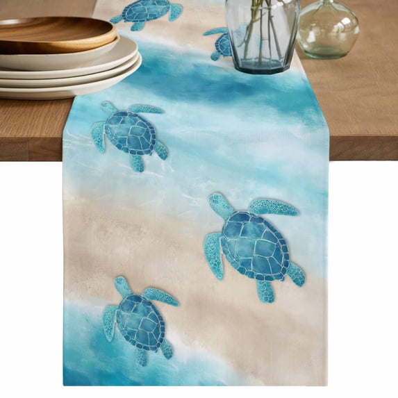 Blue Coastal Table Runner 72 Inches, Sea Turtle Beach Nautical Seaside Ocean Bed Runner Dresser Scarves Tabletop for Indoor Outdoor Parties/Ceremony/Banquet, 18" x 72"