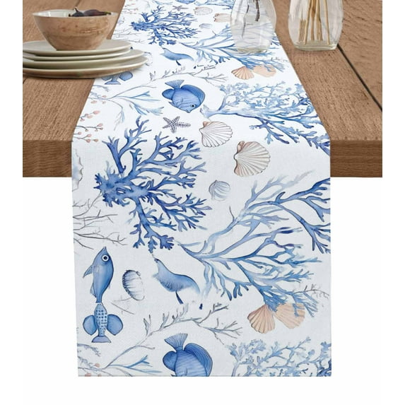 Blue Coastal Table Runner Cotton Linen 72 Inch Holiday Dresser Scarves, Summer Ocean Fish Shell Tablerunner for Kitchen Coffee Dining Bedroom Home Living Room Dinner Scarf Décor 13''x72''