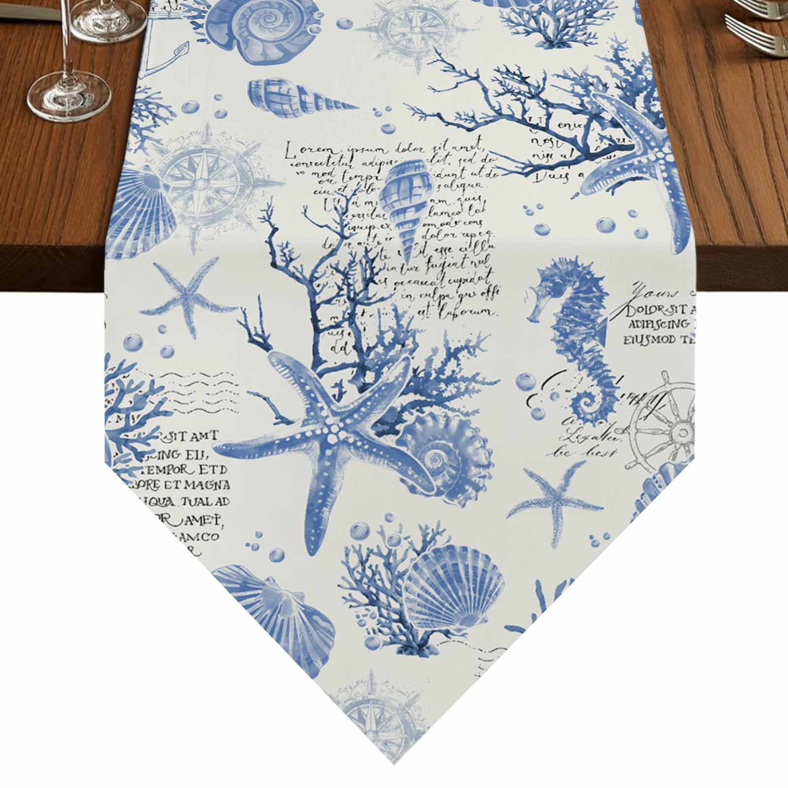 Blue Coastal Table Runner for Dining Room, Starfish Shell Coral ...