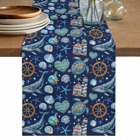 Blue Coastal Table Runner, Nautical Whale Shell Starfish Ocean Washable Cotton Linen Table Runners 36 Inches Long, Dresser Scarf Runner for Nightstand/End Tables/Round Tables 13''x36''