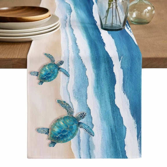 Blue Coastal Table Runner, Sea Turtle Summer Beach Waves Nautical Washable Cotton Linen Table Runners 90 Inches Long, Dresser Scarf Runner for Dining/Coffee/Kitchen/Hallway Tables 13''x90''