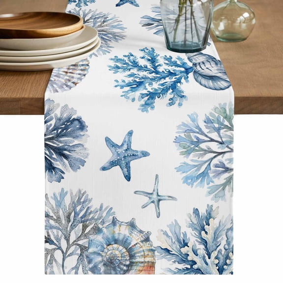 Blue Coastal Table Runner, Summer Ocean Sea Corals Starfish Shells Washable Cotton Linen Table Runners 48 Inches Long, Dresser Scarf Runner for Nightstand/Coffee/End Tables 13''x48''