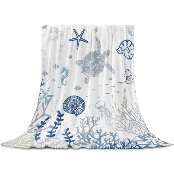 Blue Coastal Throw Blanket for Couch,Soft Lightweight Flannel Fleece Blanket,Summer Beach Turtle Coral Starfish Jellyfish Microfiber Plush All Season Decorative Blankets for Sofa Office Lap 30"x40"