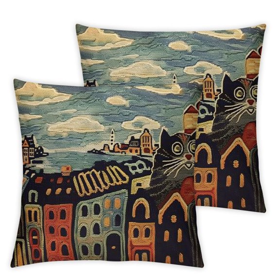 Blue Coastal Throw Pillow Cover | Karla Gerard Seaside Cat Pillow | Folklore Pillowcase | Nautical Chair Cushion | Flower Couch Pillow | Hand Embroidered Cushions Wool