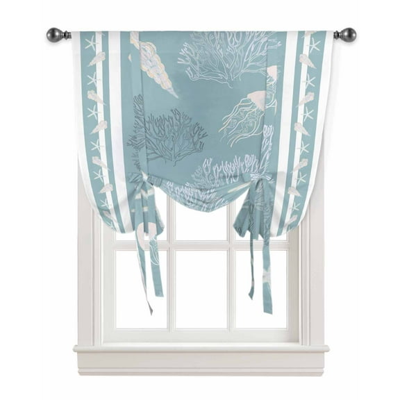 Blue Coastal Tie Up Curtains for Kitchen Bathroom Bedroom Windows 45 Inch Length, Nautical Beach Summer Sea Starfish Coral Balloon Drape Curtains Shade Rod Pocket Drapery Curtain Panel, 42"x54"