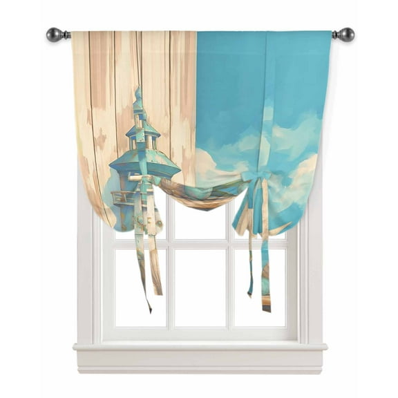 Blue Coastal Tie Up Curtains for Kitchen Bathroom Bedroom Windows 45 Inch Length, Watercolor Nautical Starfish Lighthouse Beach Balloon Drape Curtains Shade Rod Pocket Drapery Curtain Panel, 42"x54"