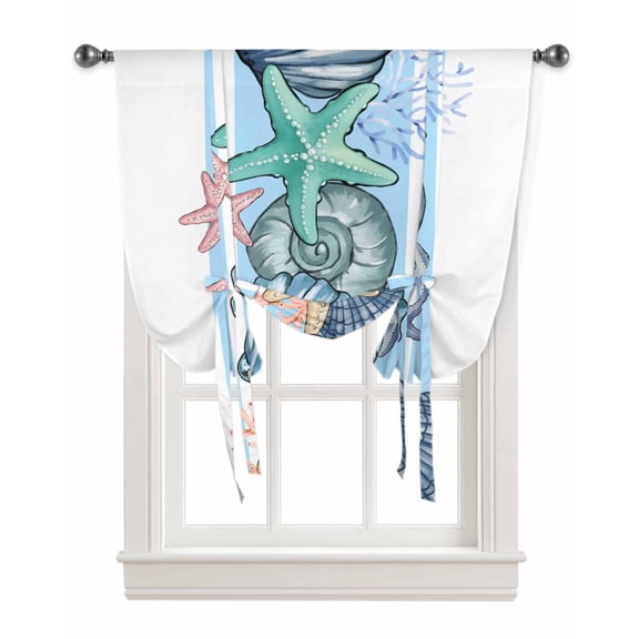 Blue Coastal Tie Up Curtains for Kitchen Bathroom Bedroom Windows 63 Inch Length, Beach Nautical Starfish Shell Coral Balloon Drape Curtains Shade Rod Pocket Drapery Curtain Panel, 46"x63"