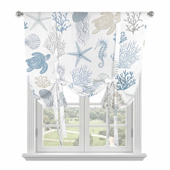 Blue Coastal Tie Up Curtains for Kitchen Windows,Adjustable Rod Pocket Valance 45 Inch Short, Nautical Summer Beach Coral Sea Turtle Window Treatment Balloon Roman Blind Shade, 52" x 45"