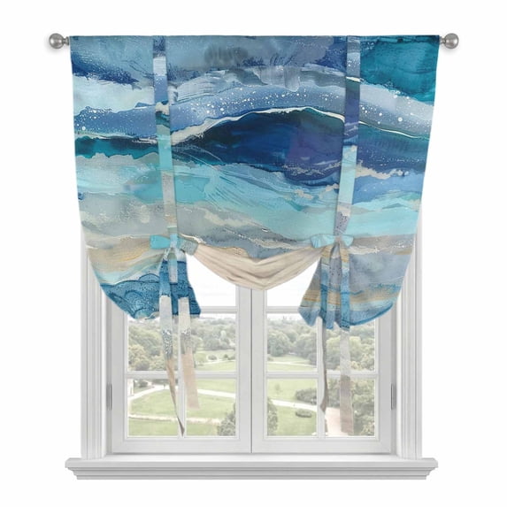 Blue Coastal Tie Up Curtains for Kitchen Windows,Adjustable Rod Pocket Valance 54 Inch Long, Summer Beach Nautical Abstract Art Window Treatment Balloon Roman Blind Shade, 42" x 54"