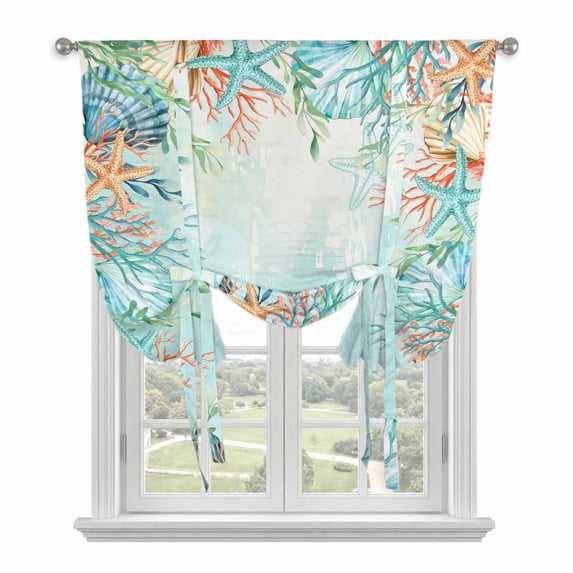 Blue Coastal Tie Up Curtains for Windows, Adjustable Balloon Window Shades, Summer Nautical Beach Coral Starfish Kitchen Window Treatments Adjustable Roll Up Curtain for Basement/Nursery 52"x45"