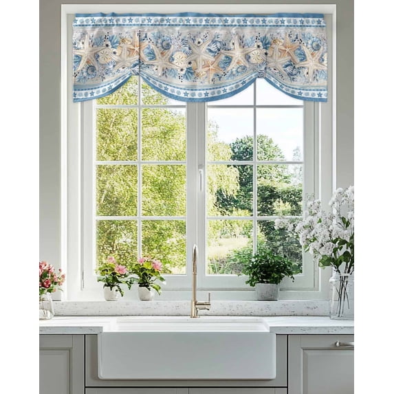 Blue Coastal Tie Up Valances Curtain, Adjustable Kitchen Eucalyptus Leaves Starfish Shells Retro Summer Valances for Windows Decor, Rod Pocket Short Curtains Set for Bedroom/Bathroom, 54"x18"