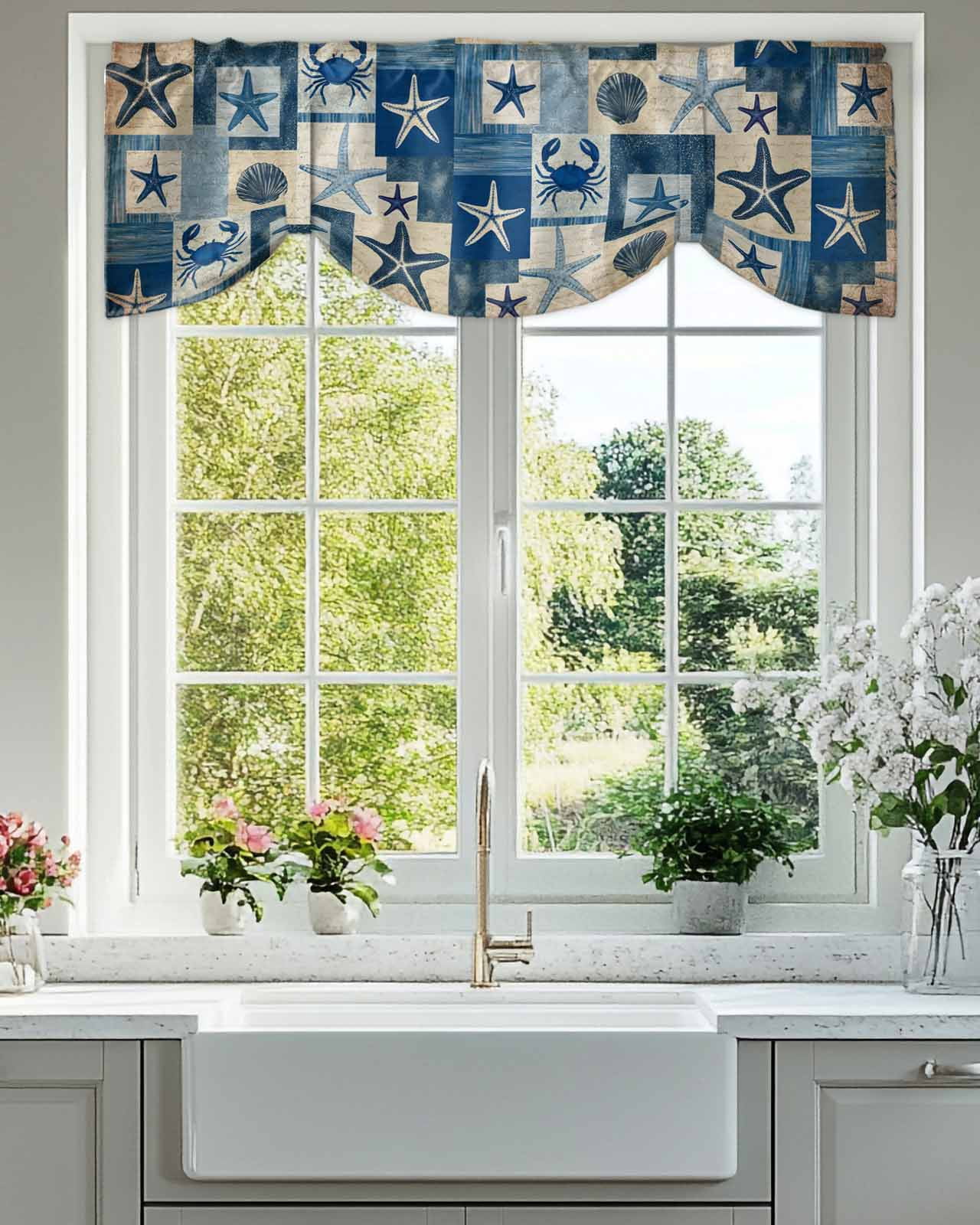 Blue Coastal Tie Up Valances Curtain, Adjustable Kitchen Summer Ocean ...