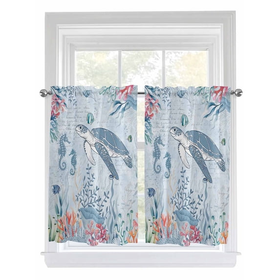 Blue Coastal Turtle 2 Panel Kitchen Curtains for Windows, Beach Nautical Ocean Coral Seahorse Bathroom Privacy Curtain, Home Décor Window Treatment for Bedroom/Living Room 55"x45"
