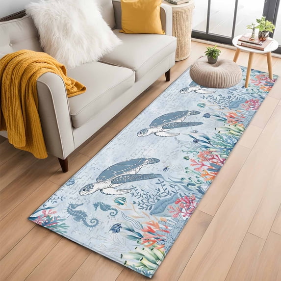 Blue Coastal Turtle 2'x6' Runner Rugs for Hallway Kitchen Bedside Non Slip Washable, Beach Nautical Ocean Coral Seahorse Entryway Rug Runners with Rubber Backing, Long Carpet Runner for Laundry Room
