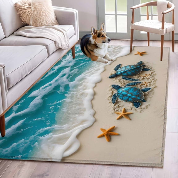 Blue Coastal Turtle Area Rug 3x5 Washable Rug Non Slip Nautical Beach Ocean Starfish Large Area Rug Indoor Floor Carpet for Entryway Bedroom Kitchen Living Room Home Office Dining Room Nursery
