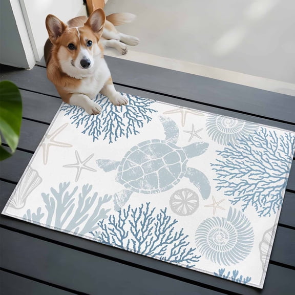 Blue Coastal Turtle Bathroom Mat 2x3 FT, Non Slip Small Kitchen Mat, Ocean Coral Nautical Washable Soft Backed Front Door Throw Rug Non-Shedding Indoor Outdoor Doormat for Entryway Sink
