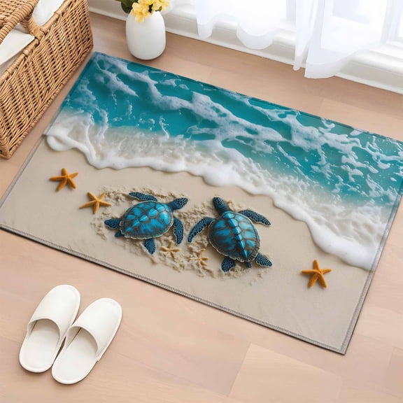 Blue Coastal Turtle Bathroom Rug Washable 2x3 Entryway Rug Non Slip Nautical Beach Ocean Starfish Front Door Mat Low Pile Indoor Doormat Throw Floor Carpet for Kitchen Bedroom Entrance