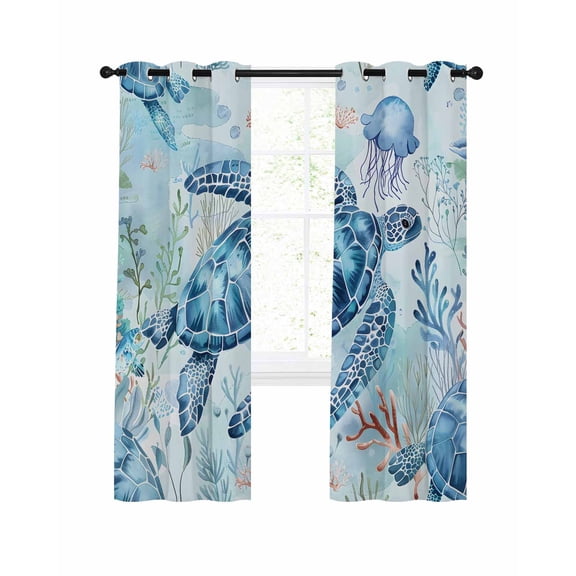 Blue Coastal Turtle Blackout Curtains 96 Inches Long for Bedroom, Summer Beach Coral Nautical Thermal Insulated Room Darkening Black Out Window Curtain Panels Grommet Drapes for Living Room