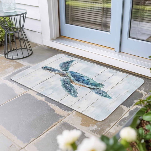 Blue Coastal Turtle Door Mat Indoor Outdoor, Sea Nautical Beach Ocean Vintage Non Slip Welcome Mat with Rubber Backing, Absorbent Fabric Front Door Mats Entryway Rug for Home Patio Entrance 16"x24"