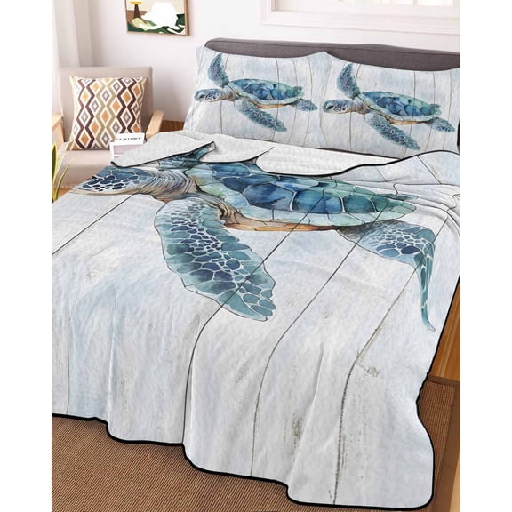Blue Coastal Turtle Full Size Down Alternative Comforter, Lightweight Comforter Quilt Bedding Set with Pillow Shams Sea Nautical Beach Ocean Vintage All Seasons Bed Comforter Duvet Insert 78"x90"