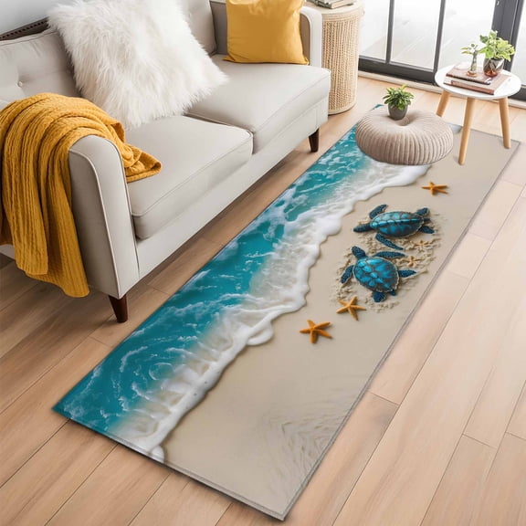 Blue Coastal Turtle Kitchen Runner Rug 2x6 Washable Runners for Hallway Non Slip Nautical Beach Ocean Starfish Large Area Rug Indoor Floor Carpet for Bathroom Laundry Entryway Bedroom Living Room