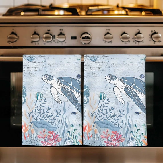 Blue Coastal Turtle Kitchen Towels Set of 2, Beach Nautical Ocean Coral Seahorse Absorbent Dish Towels for Kitchen, Microfiber Hand Towel, Quick Drying Tea Towel for Cleaning Decorative Dishcloths