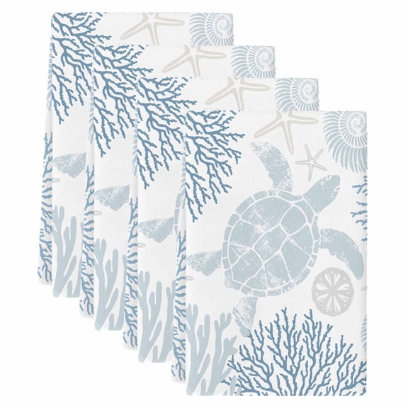 Blue Coastal Turtle Kitchen Towels Set of 4, Absorbent Microfiber Dish Tea Towels with Hanging Loop, Ocean Coral Nautical Resuable Hand Towel for Home Kitchen Cooking Cleaning 18"x28"