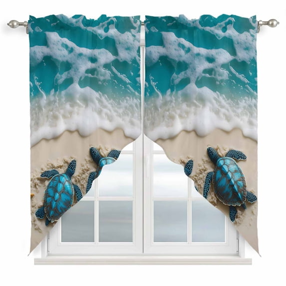 Blue Coastal Turtle Kitchen Window Curtains, Swag Curtains Valance for ...