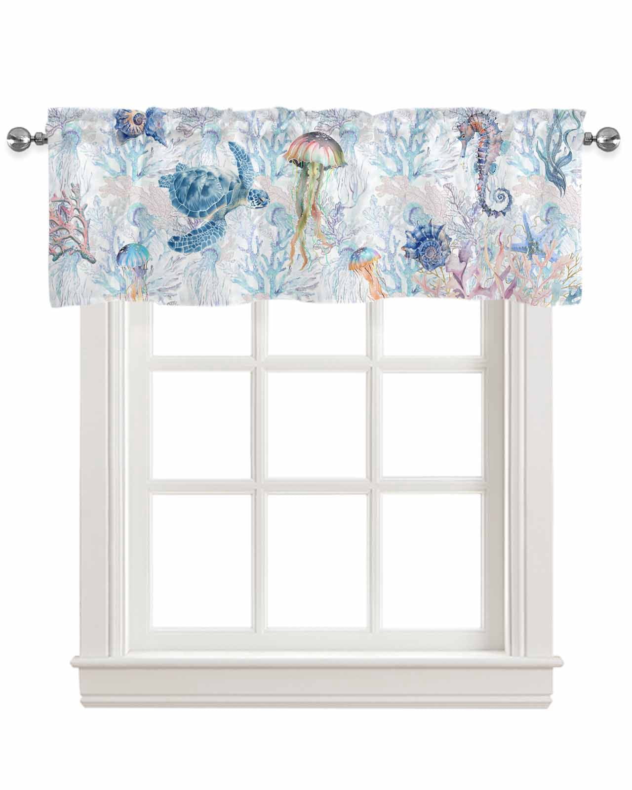 Blue Coastal Turtle Linen Curtain Valance for Bedroom/Bathroom/Kitchen/Office/Living/Dining Room Window,Coral Jellyfish Sea Horse Conch Pocket Topper Drapes Decorative Cafe Drapery Panel 54"x18"