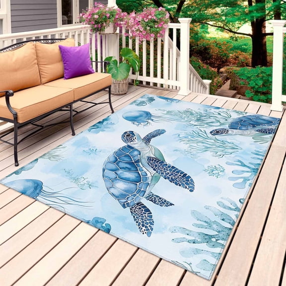 Blue Coastal Turtle Outdoor Rug for Patio/Deck/Porch, Non-Slip Large Area Rug 3 x 5 Ft, Beach Seaside Coral Jellyfish Indoor Outdoor Rugs Washable Area Rugs, Reversible Camping Rug Carpet Runner