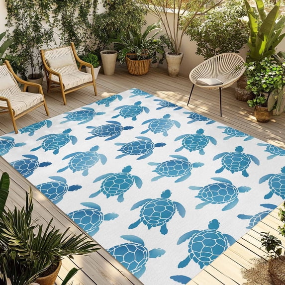 Blue Coastal Turtle Outdoor Rug for Patio/Deck/Porch, Non-Slip Large Area Rug 3 x 5 Ft, Ocean Beach Nautical Marine Life Indoor Outdoor Rugs Washable Area Rugs, Reversible Camping Rug Carpet Runner