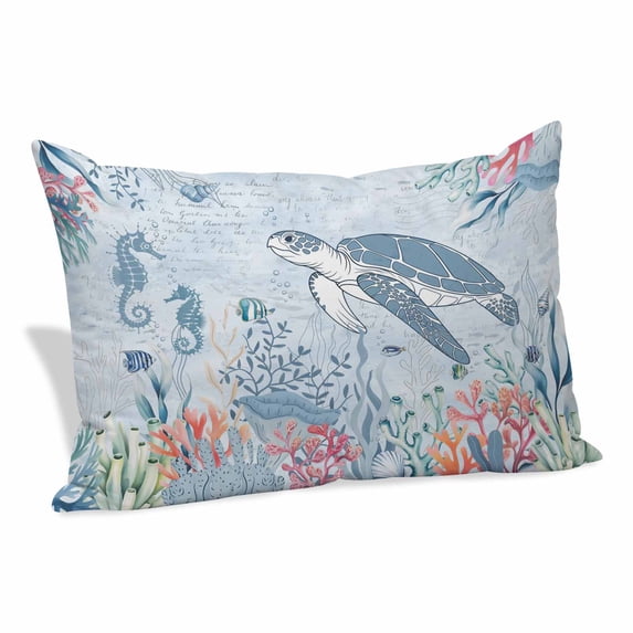 Blue Coastal Turtle Pillow Covers, Linen Long Throw Pillow Case, Beach Nautical Ocean Coral Seahorse Holiday Pillow Protector Decorative Cushion Cover for Living Room/Bedroom 20" x 30"