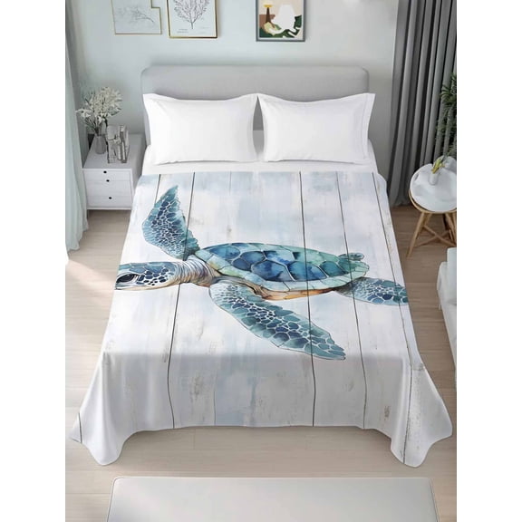 Blue Coastal Turtle Queen Size Flat Sheet, Wrinkleproof & Fadeproof Cooling Flat Bed Sheet Only, Sea Nautical Beach Ocean Vintage Breathable Soft Bedding Top Sheets 90 x 102 Inches