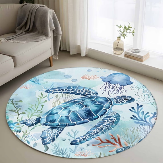 Blue Coastal Turtle Round Area Rug 4 FT, Non Slip Indoor Outdoor Rug, Summer Beach Coral Nautical Washable Soft Circular Carpet Non-Shedding Floor Mat for Coffee Table Nursery Foyer Balcony