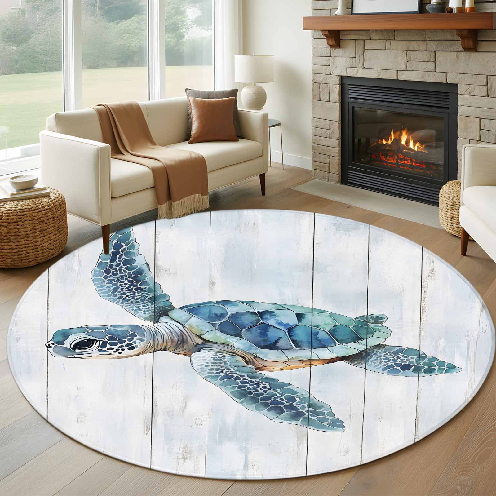 Turtle Rug Paper Blue Coastal Turtle Round Rug 5ft Washable Circle Kitchen Rugs Non Slip ...