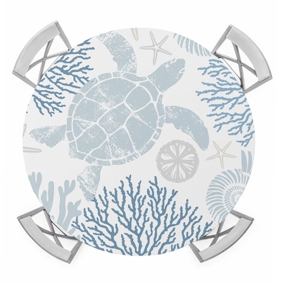 Blue Coastal Turtle Round Tablecloth for 55-60 Inch Tables, Fitted Table Cover with Elastic Edge, Ocean Coral Nautical Waterproof Outdoor Table Cloth Protector for Patio Garden Dinner Picnic