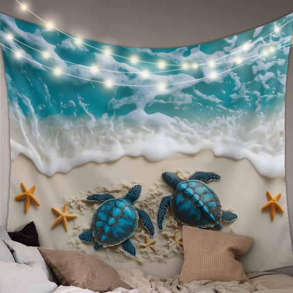 Blue Coastal Turtle Small Tapestry for Bedroom Wall Hanging Tapestry, Nautical Beach Ocean Starfish Ceiling Backdrop Tapestries Poster Blanket Wall Decor for Teens Room Living Room Dorm 23" x 28"