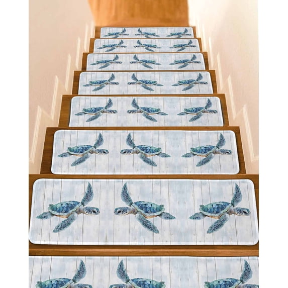 Blue Coastal Turtle Stair Treads for Wooden Steps Indoor Runner Rug Carpet, Sea Nautical Beach Ocean Vintage 15 Pieces Peel and Stick Staircase Step Treads Covers Washable Throw Door Mats, 30"x8"