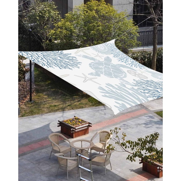 Blue Coastal Turtle Sun Shade Sail 8'x10' Rectangle Outdoor Shade Canopy, Ocean Coral Nautical Porch Shades Outdoor Sun Blocking Screen, Sunshade Cloth Covers for Patio/Deck/Garden