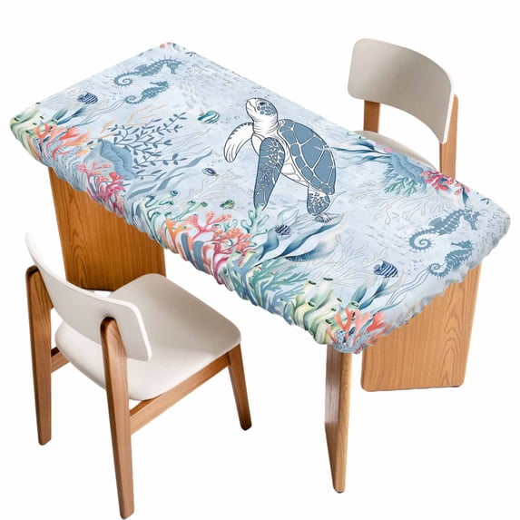 Blue Coastal Turtle Table Cloths for 3 Foot Rectangle Tables, Beach Nautical Ocean Coral Seahorse Patio Waterproof Elastic Fitted Tablecloths, Washable Rectangular Table Cover for Camping