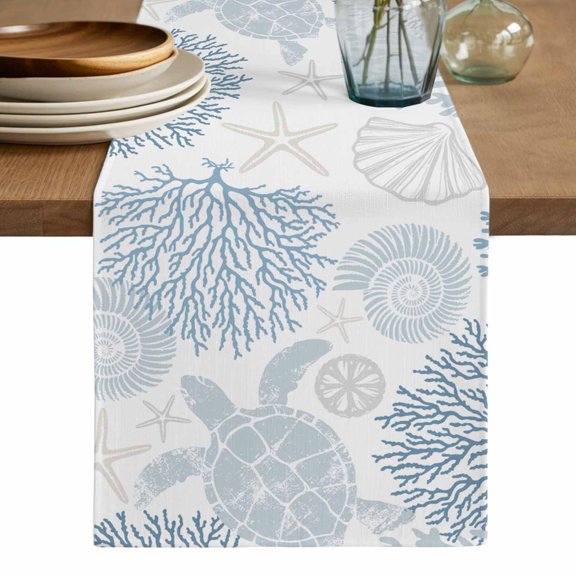 Blue Coastal Turtle Table Runner, Ocean Coral Nautical Washable Cotton Linen Table Runners 36 Inches Long, Dresser Scarf Runner for Nightstand/End Tables/Round Tables 13''x36''
