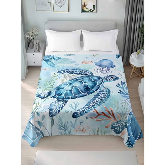 Blue Coastal Turtle Twim XL Size Flat Sheet, Wrinkleproof & Fadeproof Cooling Flat Bed Sheet Only, Summer Beach Coral Nautical Breathable Soft Bedding Top Sheets 66 x 102 Inches