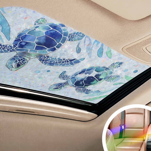 Blue Coastal Turtle Window Privacy Film Rainbow Static Cling Stain Glass Window Film for Glass Door, Decorative Sunroof Decal Sticker for Car Bathroom 17.7"x39.3" Nautical Ocean Beach Botanical