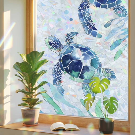 Blue Coastal Turtle Window Privacy Film Rainbow Static Cling Stain Glass Window Film for Glass Door, Decorative Sunroof Decal Sticker for Car Bathroom 23.6"x78.7" Nautical Ocean Beach Botanical