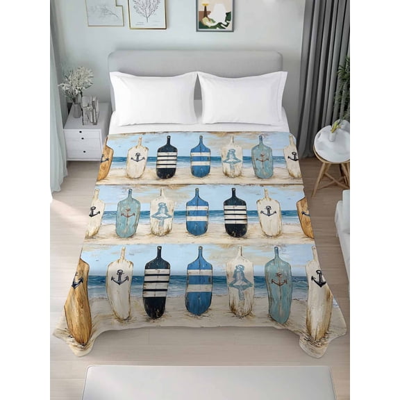 Blue Coastal Twim Size Flat Sheet, Wrinkleproof & Fadeproof Cooling Flat Bed Sheet Only, Ocean Nautical Anchor Wood Barn Beach Breathable Soft Bedding Top Sheets 66 x 96 Inches