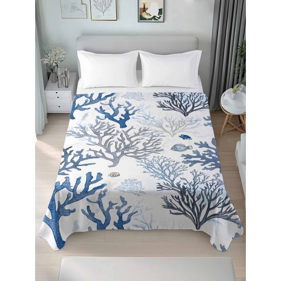 Blue Coastal Twim Size Flat Sheet, Wrinkleproof & Fadeproof Cooling Flat Bed Sheet Only, Summer Nautical Ocean Beach Coral Fish Breathable Soft Bedding Top Sheets 66 x 96 Inches