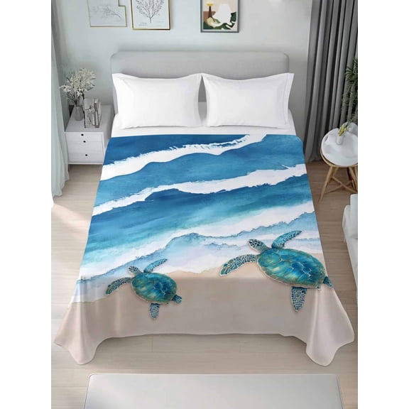 Blue Coastal Twim XL Size Flat Sheet, Wrinkleproof & Fadeproof Cooling Flat Bed Sheet Only, Sea Turtle Summer Beach Waves Nautical Breathable Soft Bedding Top Sheets 66 x 102 Inches