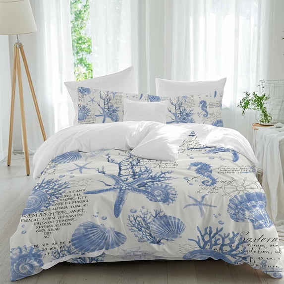 Blue Coastal Twin Size Comforter Set, Starfish Shell Coral Seahorse Ocean Vintage Bedding for All Seasons, 4 Pcs Bed Set, 1 Quiltcover (68"x86") ,1Sheet(67"x116"), 2Pillowcases (30"x20")